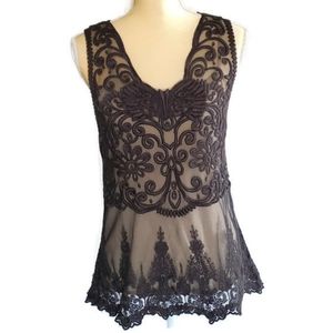Anthropologie Yoana Baraschi Charcoal Lace Sheer Sleeveless Blouse Womens Small